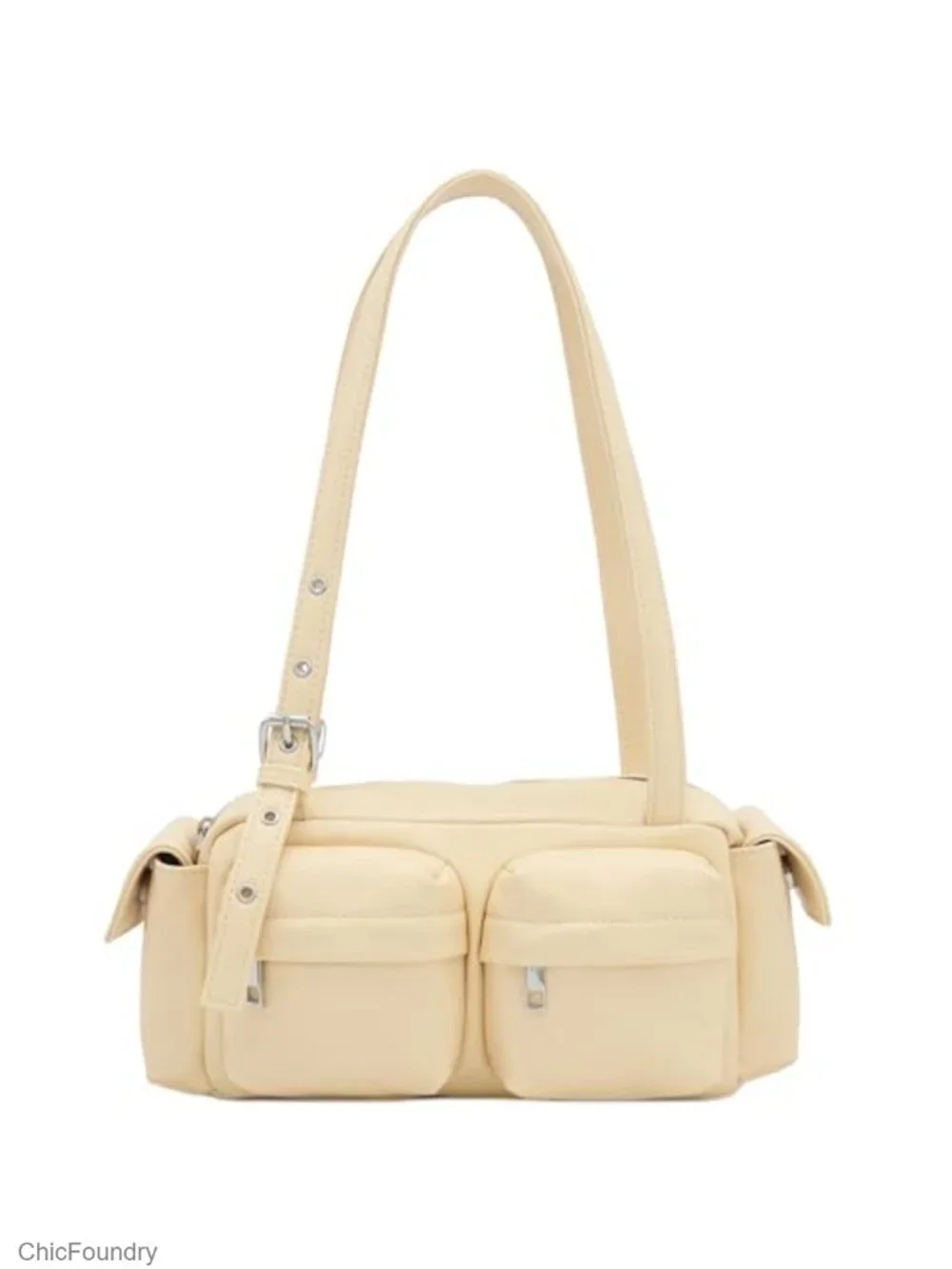 Faux Leather Multi Pocket Shoulder Bag - Zipper Closure, Adjustable Strap